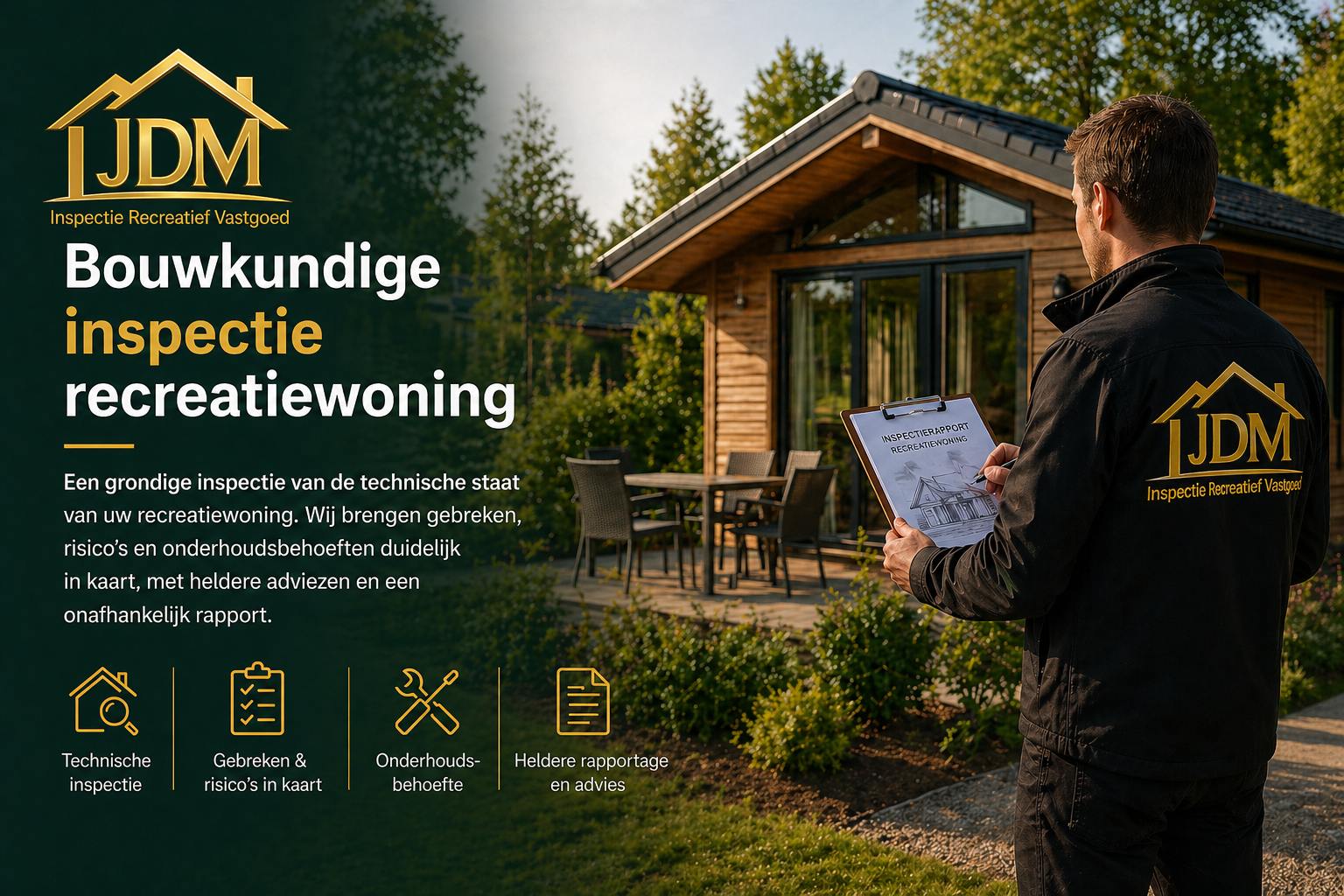 Bouwkundige inspectie van een recreatiewoning door JDM Inspectie Recreatief Vastgoed, met inspecteur die een chalet beoordeelt op een vakantiepark. Afbeelding toont technische inspectie van recreatiewoning gericht op gebreken, risico’s, onderhoudsbehoefte en heldere rapportage.