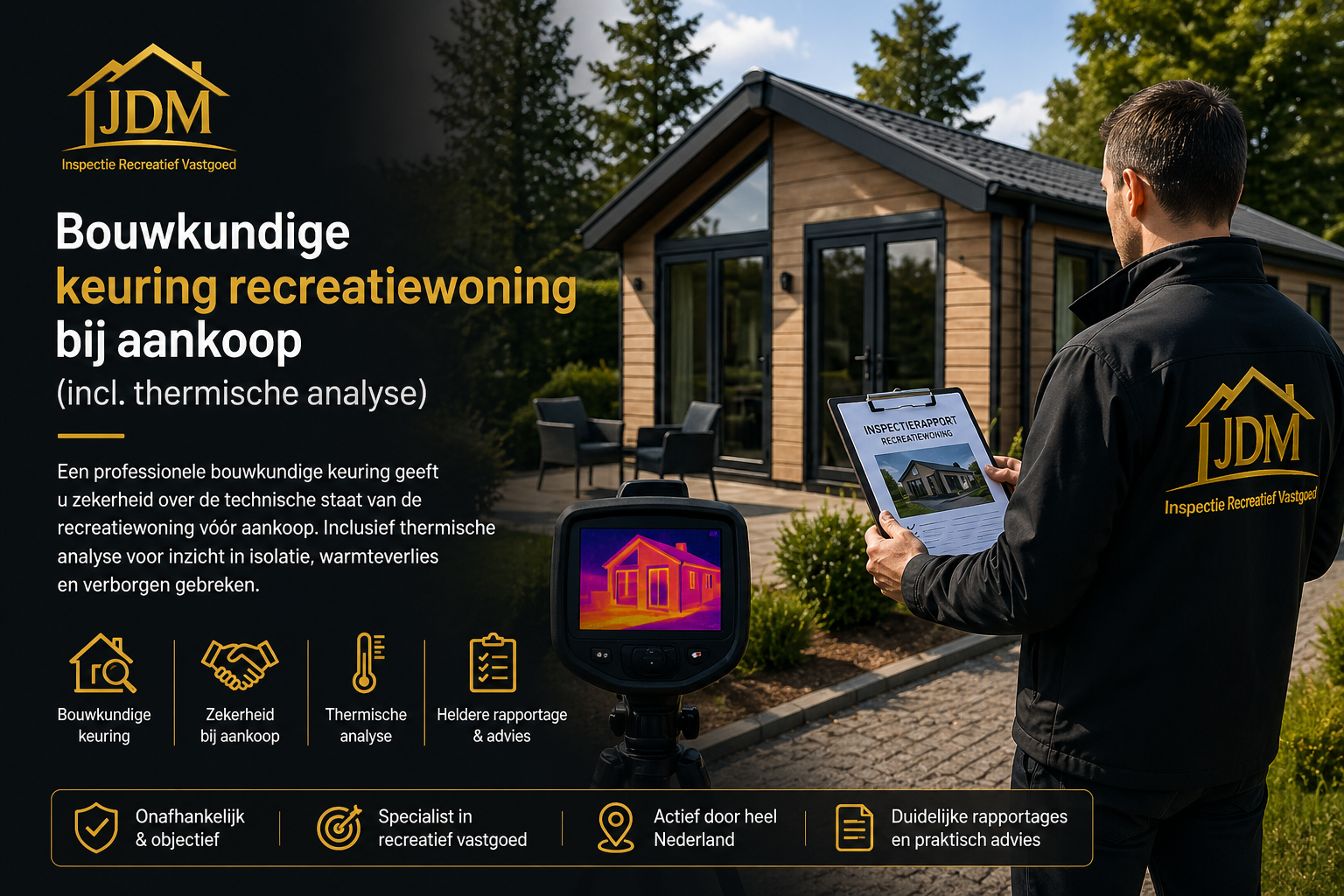 Bouwkundige aankoopkeuring van een recreatiewoning met thermische analyse door JDM Inspectie Recreatief Vastgoed. Afbeelding toont inspecteur die een vakantiewoning beoordeelt met warmtecamera voor controle van isolatie, warmteverlies, verborgen gebreken en technische staat vóór aankoop.