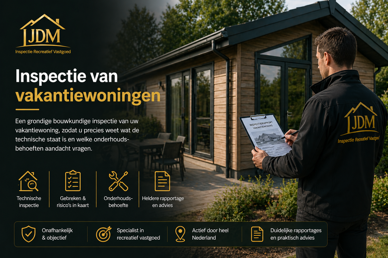 Inspectie van een vakantiewoning door JDM Inspectie Recreatief Vastgoed, met bouwkundig inspecteur die een recreatiewoning beoordeelt op technische staat, gebreken en onderhoudsbehoefte. Afbeelding toont een moderne vakantiewoning op een recreatiepark met focus op bouwkundige inspectie en heldere rapportage.