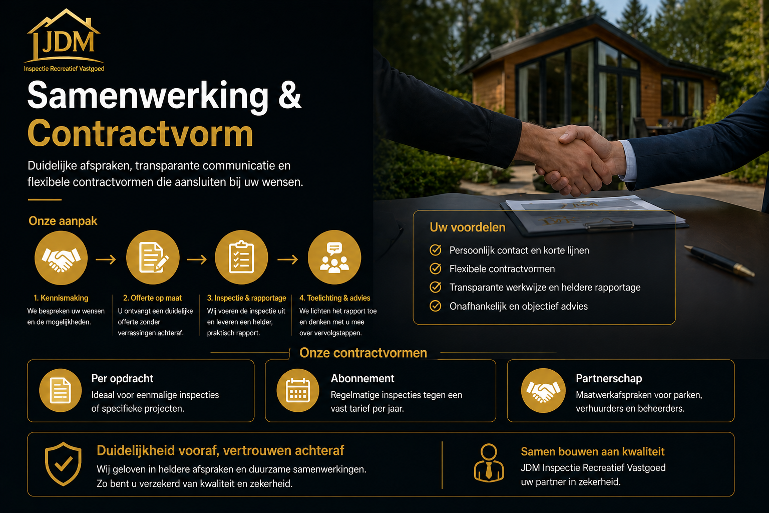 Samenwerking en contractvorm bij JDM Inspectie Recreatief Vastgoed met duidelijke afspraken, transparante communicatie en flexibele contractvormen. Afbeelding toont samenwerking rondom bouwkundige inspecties van recreatief vastgoed met opties zoals projectbasis, abonnementen en langdurige samenwerking voor vakantieparken en recreatieobjecten.