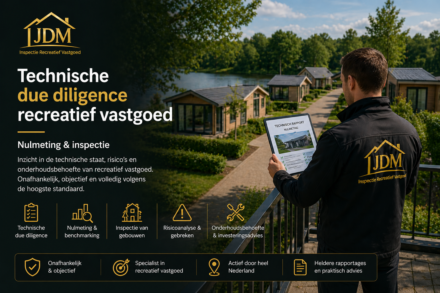 Technische due diligence en nulmeting van recreatief vastgoed door JDM Inspectie Recreatief Vastgoed, met inspecteur die vakantiewoningen en parkvoorzieningen beoordeelt. Afbeelding toont bouwkundige inspectie gericht op technische staat, risicoanalyse, onderhoudsbehoefte en investeringsadvies voor recreatief vastgoed.