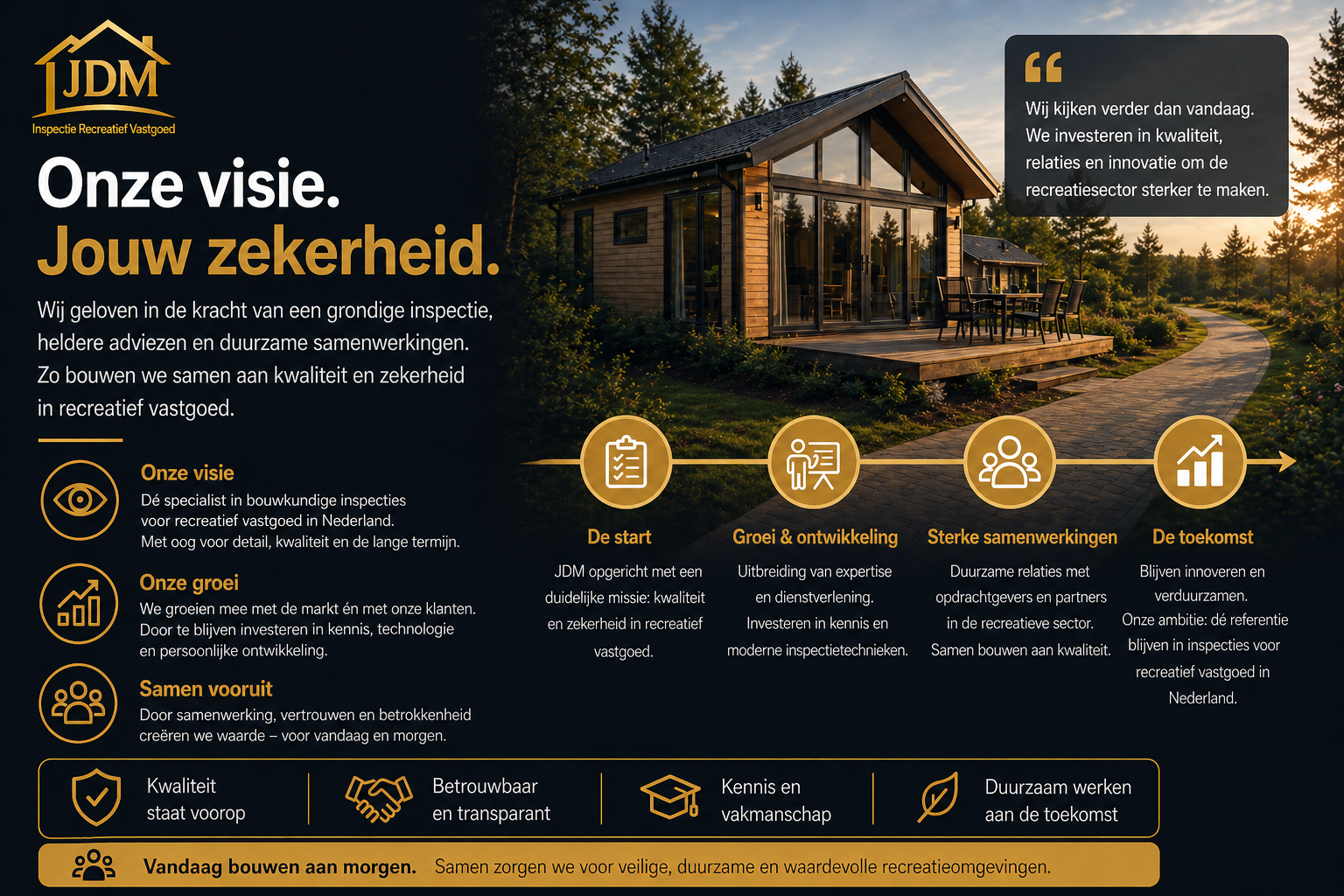 Visie en groei van JDM Inspectie Recreatief Vastgoed met focus op kwaliteit, duurzame samenwerking en toekomstgerichte ontwikkeling binnen recreatief vastgoed. Afbeelding toont de groeistructuur van bouwkundige inspecties voor recreatiewoningen, chalets en vakantieparken met aandacht voor expertise, sterke samenwerkingen en lange termijn beheer.