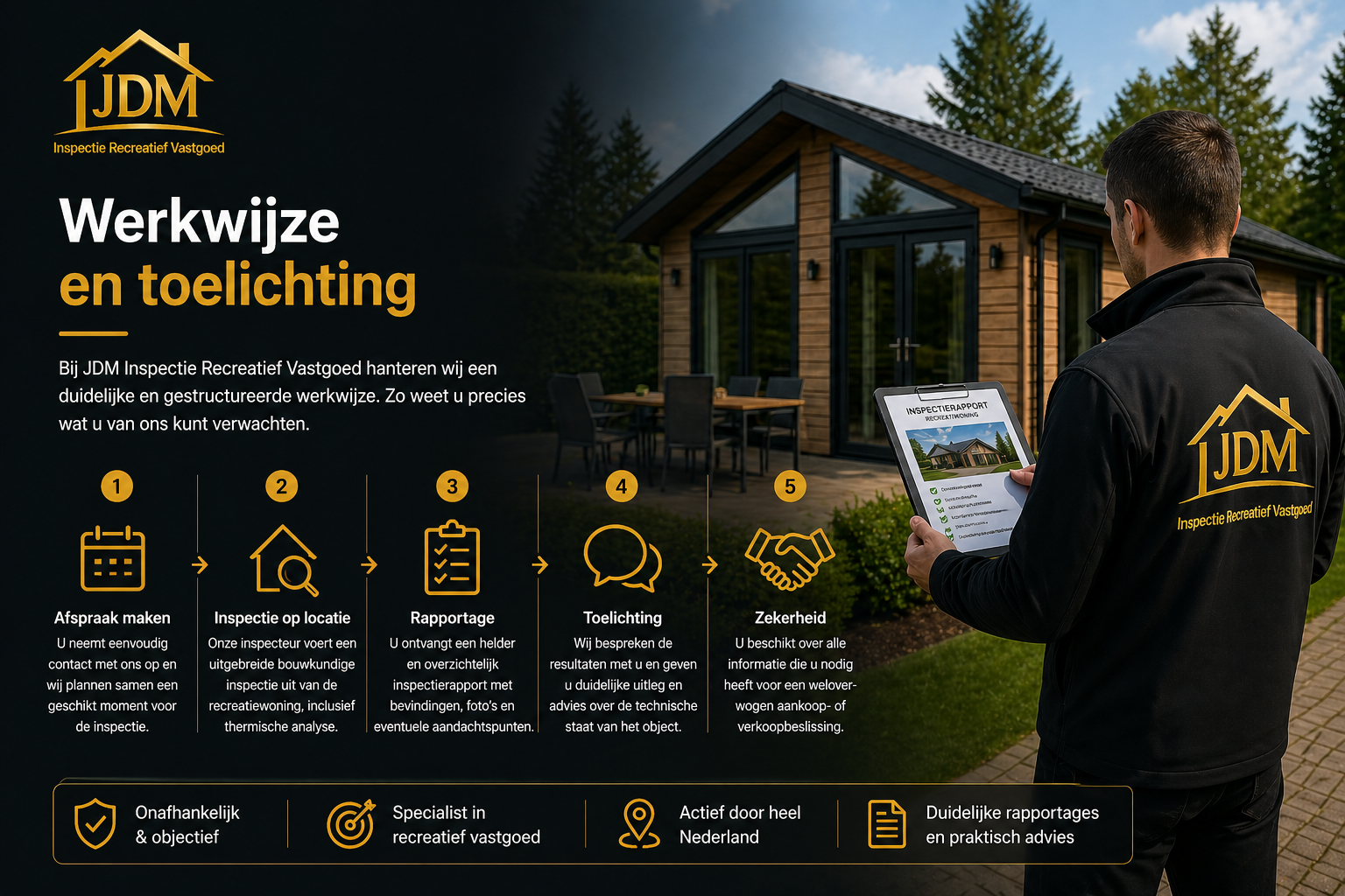 Werkwijze en toelichting van JDM Inspectie Recreatief Vastgoed met stappenplan voor bouwkundige inspectie van recreatiewoningen. Afbeelding toont het proces van afspraak maken, inspectie op locatie, rapportage, toelichting en advies voor een duidelijke en onafhankelijke bouwkundige beoordeling.